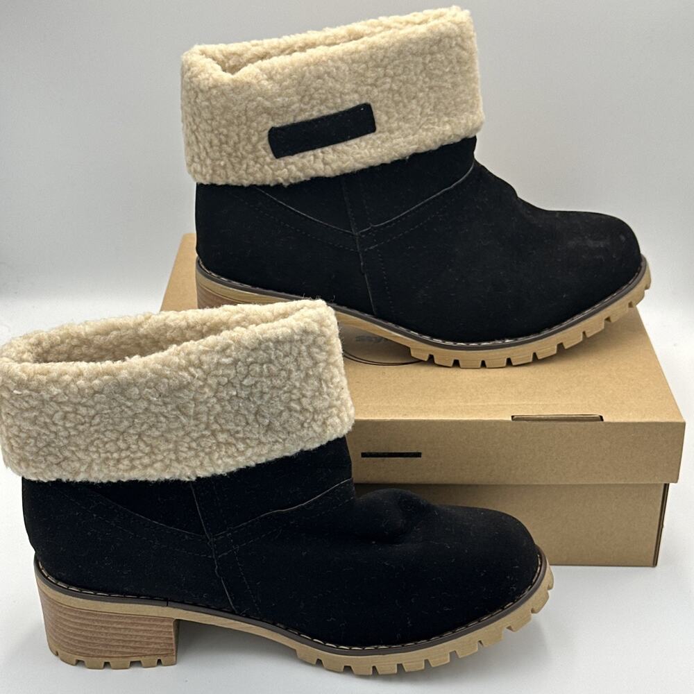 Chunky Ankle Boots Women's Size 10.5 ( Euro 43)‎ Black Faux Suede Sherpa Upper